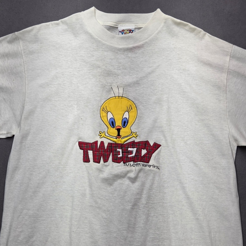 Vintage 1995 Tweety Bird Looney Tunes Embroidered White T-Shirt Mens XL 90s